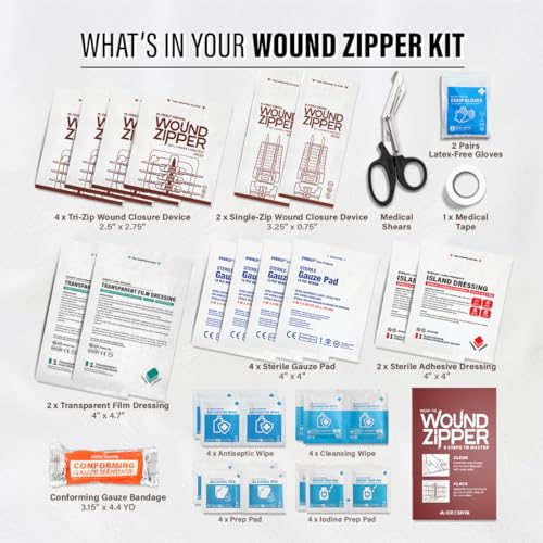EVERLIT Wound Closure Kit | Surgical Zip-Stitch Devices for Cut & Laceration | Sterile, Suture-Free, Stitch-Less Adhesive Butterfly Bandages for Emergency First Aid Wound Care (6 Zip Complete Kit) - size: 6 Zip Complete Kit