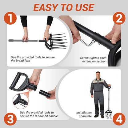 Broad Fork Garden Tool, Heavy Duty 5+4 Sharp Tines BroadFork Hand Tiller Garden Pitchfork with Ergonomic Handles for Spading Digging Fork Gardening Cultivating Composting and Loosening