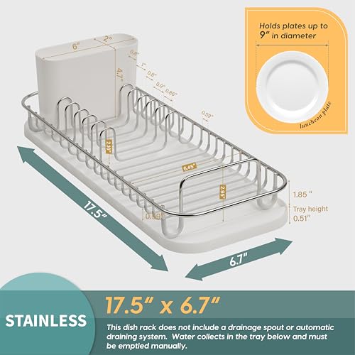 SunnyPoint 304 Stainless Steel NeverRust Compact Dish Drying Rack with Utensil Holder & Removable Drain Tray, Rustproof Small Dish Rack for Kitchen Countertop or Over Sink (Metallic Silver, Compact) - color: Metallic Silver