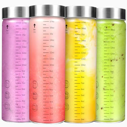 Glass Juice Bottles with Lids, 18 Oz Wide Mouth Glass Water Bottles, for Juicing, Protein, Smoothie, Milk, BPA Free, Stainless Steel Lids, Shaker Bottles (18 Oz / 4 Pack) - size: 18 Oz--4 Pack