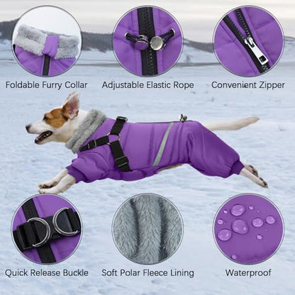 BRKURLEG Purple Dog Coat with Harness, Dog Winter Jacket, Dogs Onesie Body Warm Jackets, Small Dogs Winter Coats Reflective Windproof Warm Cold Weather Coats, Pet Waterproof Jackets, M - color: Purple, size: Medium