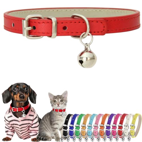 Small Dog Collar with Bells, PU Leather Girl Cat Collar with Bells Red, XS - color: Red, size: XS (8-10.5 inches)