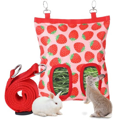 Rabbit Hay Feeder, 2 Hole Washable Hanging Hay Bag for Guinea Pig - color: strawberry