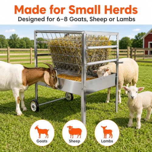 Hay and Grain Feeder, Freestanding Farm Feeder for Goats & Sheep