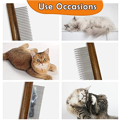 3 Pack Solid Wood Cat Combs, Stainless Steel Teeth for Cat Dog Rabbit Massage, Flea Lice Comb Removes Mats, Tangles and Loose Fur, Grooming Comb for Small Medium Pets