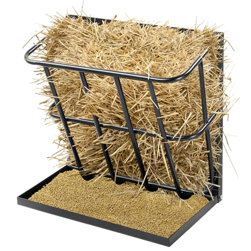 Large Capacity 2-in-1 Hay Feeder with Detachable Grain Tray, Heavy Duty Steel Wall-Mounted Rack for Goat, Sheep, Horse & Rabbit Livestock, Black