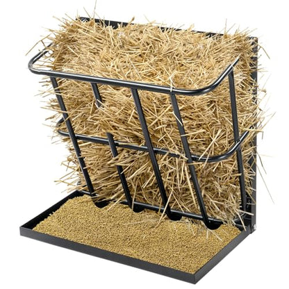 Large Capacity 2-in-1 Hay Feeder with Detachable Grain Tray, Heavy Duty Steel Wall-Mounted Rack for Goat, Sheep, Horse & Rabbit Livestock, Black