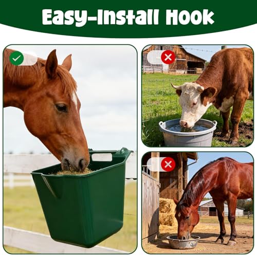 Horse Feed Bucket, 15 Quart Plastic Stall Hook Over, Green 4-Pack