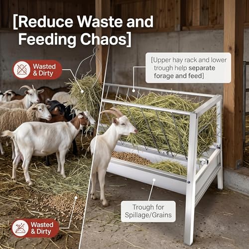 VOHALA 92 Gallon Hay and Grain Feeder for Goats, Galvanized Steel 2-in-1 Livestock Feeder with 37 Gallon Feed Pan, Heavy Duty Freestanding Hay Rack for Sheep, Easy Assembly for Outdoor Farm Use