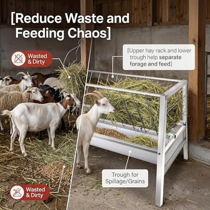 VOHALA 92 Gallon Hay and Grain Feeder for Goats, Galvanized Steel 2-in-1 Livestock Feeder with 37 Gallon Feed Pan, Heavy Duty Freestanding Hay Rack for Sheep, Easy Assembly for Outdoor Farm Use