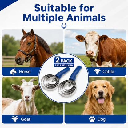 2-Pack Reversible Curry Combs for Horses and Pets, Stainless Steel | Four-ring stainless steel and rubber grooming combs feature reversible edges and soft-grip handles for farm animals and pets.