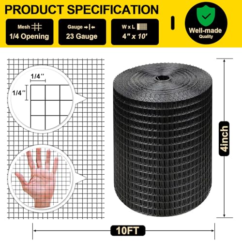 Black Hardware Cloth 4'' x 10' PVC Steel Vinyl Coated 1/4inch Galvanized Wire Mesh Roll (23GA) Chicken Wire Fence Roll, for coop Fences,Screen mesh, Rabbit/Snake Fences, Poultry enclosures, etc. - color: 23(GA)-1/4inch, size: 4In x 10Ft