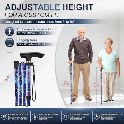 supregear Folding Cane, 5-Level Adjustable Height Walking Stick Lightweight Collapsible Portable Travel Cane with Wrist Strap and T Handle for Elderly Disabled Men Women - color: Dark Blue Floral