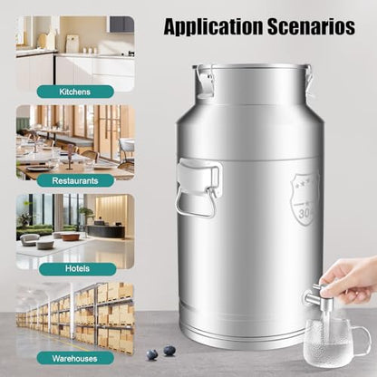 35L/9.24Gallon Stainless Steel Milk Can with Spigot, Heavy Duty Milk Jug Wine Pail Bucket Bottle Liquid Container Storage for Grain Wine Liquid,Stainless Steel Sealed Tank