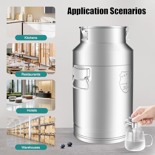 35L/9.24Gallon Milk Can 304 Stainless Steel Seamless Milk Jug, Anti-Leak Liquid Storage Container with Faucet,Tight Lid and Handle - size: 35L