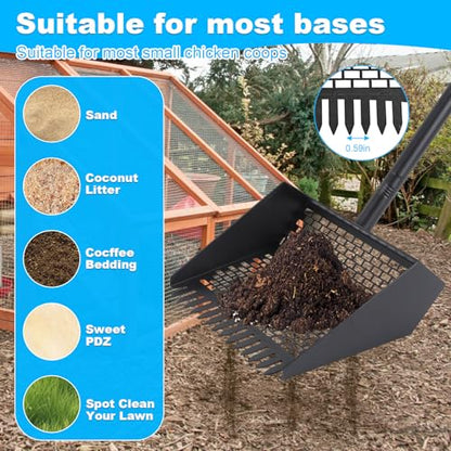 2-in-1 Coop Scoop(24" to 68"), Chicken Poop Scooper with Grip & Rake, Chicken Coop Accessories for Pet Waste Cleaning, Adjustable Stainless Steel Sand Sifting Litter Shovel for Chicken Coop