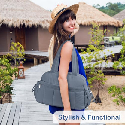 TOPDesign Travel Duffel Bag for Women, Puffer Gym Bag Sports Tote with Wet Pocket, Carry On Weekender with Luggage Sleeve (Blue Grey) - color: Blue Grey