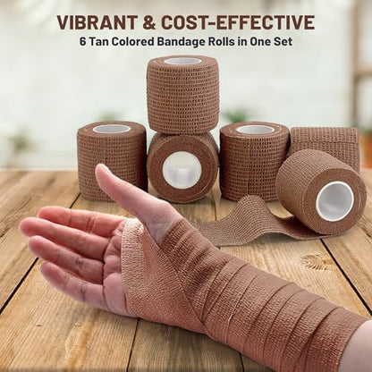 6 Pack, Self Adherent Cohesive Tape - 2" x 5 Yards, (Medium Tan Shade) Self Adhesive Bandage Rolls & Sports Athletic Wrap for Ankle, Wrist, Knee Sprains and Swelling