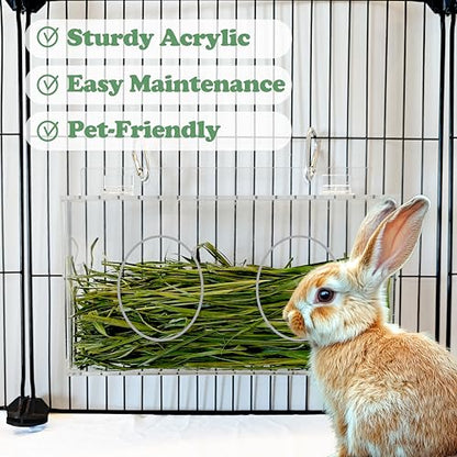 Xymoso Acrylic Rabbit Hay Feeder with Lid,Guinea Pig Hay Rack Holder Chinchilla Cage Accessories for Rabbits Guinea Pigs Bunny