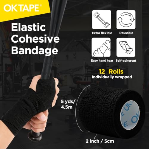 OK TAPE 12 Rolls Self Adhesive Bandage Wrap, Elastic Athletic Tape, Self Stick Bandage Tape, Vet Wrap, Medical Wrap for Wrist, Feet, 2" x 5 Yards - Black | Vet Wrap, Sports Tape, Medical Wrap for Wrist, Feet, Self Stick Bandage Tape, 2" x 5 Yards - Black