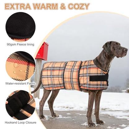 BEAUTYZOO Dog Winter Coat for X-Large Dogs, Waterproof Canvas Jackets - color: Beige Plaid, size: XL(Chest Girth 34"-45", Back 24", Neck 24"-29")