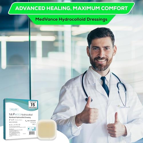 Medvance Absorbent Bordered Hydrocolloid Large Wound Dressing - Waterproof Skin-Friendly Adhesive Pads - Easy Apply Large Bandage - Wound Care & Dressings for Cuts & More (2"x2" Bandage) (Box of 15)