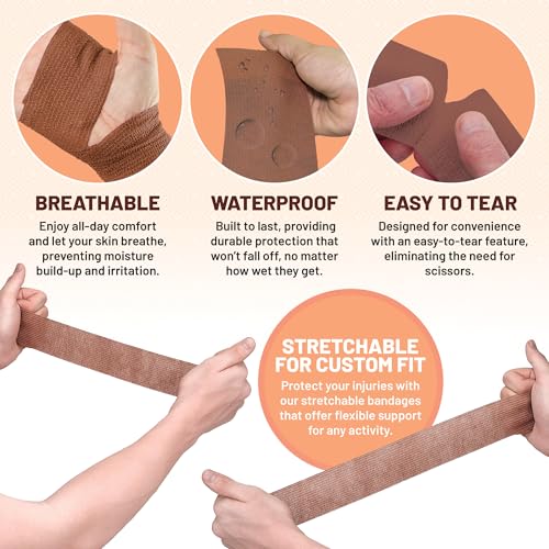 6 Pack, Self Adherent Cohesive Tape - 2" x 5 Yards, (Medium Tan Shade) Self Adhesive Bandage Rolls & Sports Athletic Wrap for Ankle, Wrist, Knee Sprains and Swelling