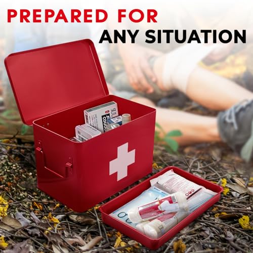 Plexon 8.5" Metal First Aid Box Empty, Medicine Storage Bin with Lid, Emergency Supplies Organizer, Portable First Aid Kit Case, Red - color: Red