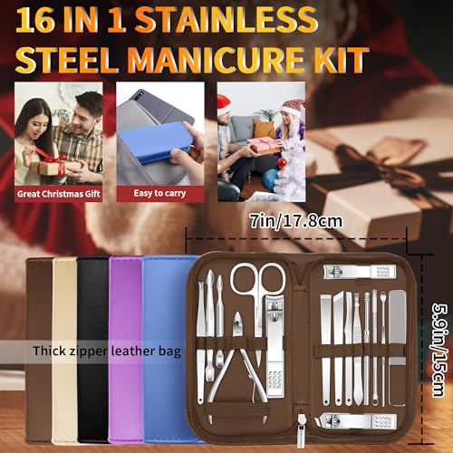 Manicure Set 16 In 1 Professional Stainless Steel Pedicure Kit Toenail Clippers Set Mens Grooming Kit Fingernail Kit for Women with Luxurious Travel Bag, Suitable for Home, Travel, and Salon (Brown) - color: 16Pcs-Brown