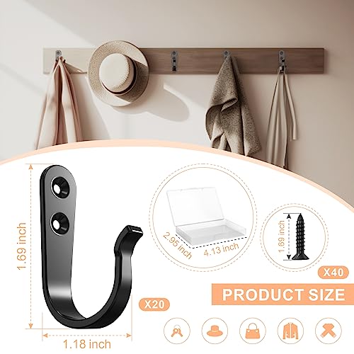 BREYDROK 20-Pack Coat Hooks for Hanging, Heavy Duty Black Metal Wall Hooks | Single Prong Hanging Hooks with Screws for Towels, Backpacks, Hats, Kitchen Hook - color: 20pcs + Black