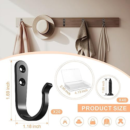BREYDROK 20-Pack Coat Hooks for Hanging, Heavy Duty Black Metal Wall Hooks | Single Prong Hanging Hooks with Screws for Towels, Backpacks, Hats, Kitchen Hook - color: 20pcs + Black