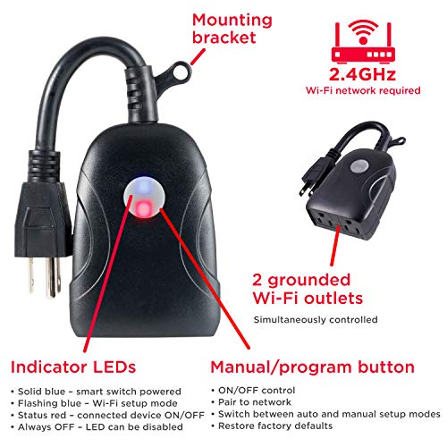 UltraPro Outdoor Smart Plug, 2 Grounded Outlets, Black, 1 Pack | Outdoor Use, Weather Resistant, Simultaneous Outlet Control, No Hub Required, Works with Alexa & Google Home