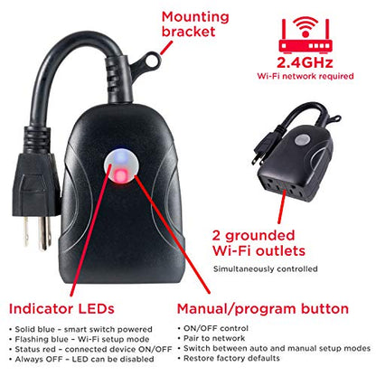 UltraPro Outdoor Smart Plug, 2 Grounded Outlets, Black, 1 Pack | Outdoor Use, Weather Resistant, Simultaneous Outlet Control, No Hub Required, Works with Alexa & Google Home