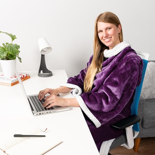 PAVILIA Sherpa Wearable Blanket with Sleeves and Pocket, Plush Thick Cozy Body Blanket Wrap for Adult Women Men, Christmas Gift for Wife Mom, Purple - color: Violet Purple