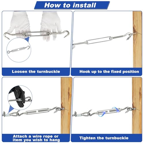 TooTaci 10PCS M10 Turnbuckle, 304 Stainless Steel Turnbuckle Hook and Hook | Turnbuckle Wire Tensioner, 660 lb Heavy Duty Adjustable Turnbuckles for Cables Wire, Cable Tightener, Trampoline, Tent, Tarps - size: M10 CC-10Pcs