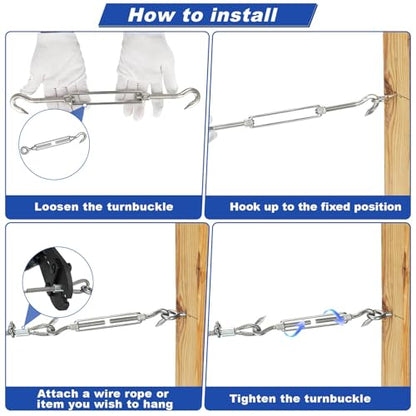 TooTaci 10PCS M10 Turnbuckle, 304 Stainless Steel Turnbuckle Hook and Hook | Turnbuckle Wire Tensioner, 660 lb Heavy Duty Adjustable Turnbuckles for Cables Wire, Cable Tightener, Trampoline, Tent, Tarps - size: M10 CC-10Pcs