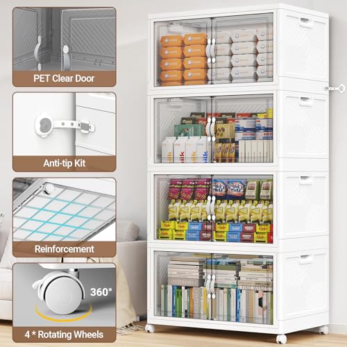 BROVIEW 400QT Large Stackable Storage Bins with Clear Doors, V20 4Pack | 100Gal Plastic Closet Organizer Cabinet with Lid and Wheels, Collapsible Latch Box Folding Drawer for Home, White - size: 100QT-4Pack