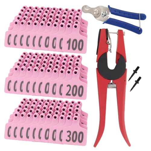 Cattle Ear Tags 001-300, 300Pcs Plastic Livestock Ear Tag for Cows Goats Sheep Pigs with Pliers Applicator & 2 Pins, Animal ID Tags for Ranch Farm Herd Tracking, Laser Print (001-300, Pink) - color: Pink