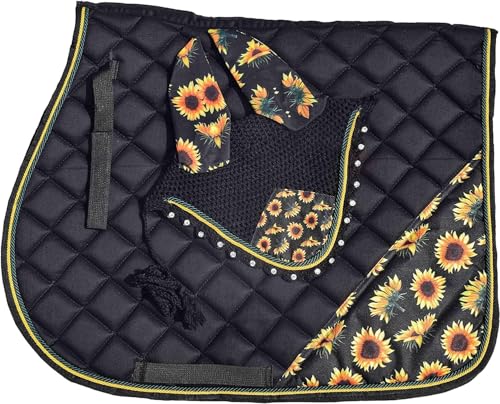 Sunflower All Purpose English Saddle Pad, Handmade Jumping Saddle Pad, Fly Bonnet - size: PONY