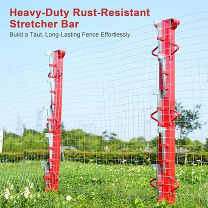 6ft Woven Wire Fence Stretcher Bar with 7 Wedges, Heavy-Duty Carbon Steel Fence Stretcher Tool Wire Puller, Red Anti-Corrosion Coating, 6.67ft Length, Ideal for Farms, Ranches & Outdoor Fencing - size: 6 Feet