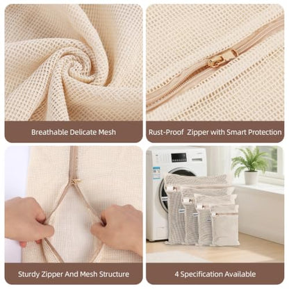 100% Cotton Mesh Laundry Bags, Premium Soft, No Dye, Set of 4, Natural - size: XXL+XL+L+M