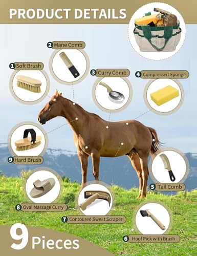 Professional 10 Pieces Horse Grooming Kit with Tote Bag, Horse Brush & Curry Comb Set for Effective Grooming and Bathing, Equine Coat Care Tack Room Supplies, Horse Gifts for Girls