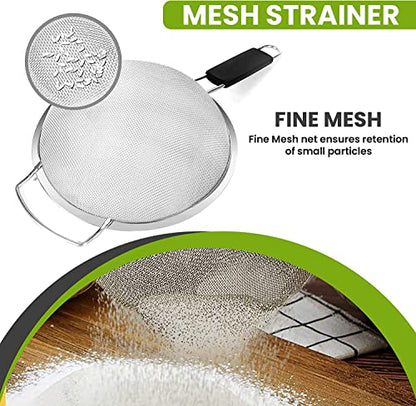 9" Large Fine Mesh Strainer with Thermo Plastic Rubber Handle - Sieve Fine Mesh Stainless Steel - Ideal Kitchen Essential to Strain Pasta, Quinoa and Rice