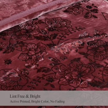 JML Plush Fleece Blanket 87" x 94", 10.5 Pounds Korean Style Mink Blanket King Size for Winter - Soft and Warm, 2 Ply A&B Printed Embossed Raschel Bed Blanket (Flowers Branches Woodrose) | Korean Style, 2 Ply, A&B Printed Embossed, Soft, Warm for Winter (