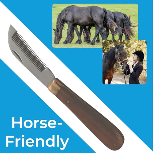 Mane & Tail Comb for Horses – Heavy-Duty, Ergonomic Design with Fold-Up Thinning Comb for Easy Carry & Wooden Handle – Ideal for Gentle Detangling, Grooming, and Equine Hair Care - size: One Size (Wooden Handle)