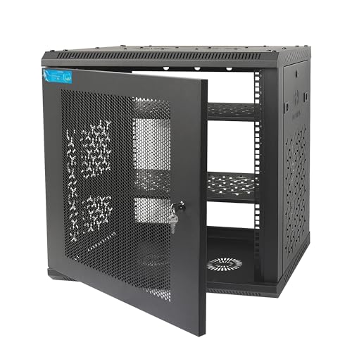 12U Wall Mount Server Cabinet with A Lockable Front Vented Door, Cooling Fans, Removable Side Panels - 45cm Depth, 19" Network Rack Including 2 PCS Full-Size Rack Shelves for IT Equipment - size: 12U/450mm Depth