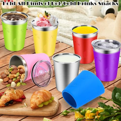 ShineMe Stainless Steel Cups for Kids, 12oz Kids Cups with Stainless Steel Straws and Leak Proof Lids, Unbreakable Metal Tumbler with Colorful Sleeves for Heat/Cold Insulation 6 Pack - color: purple/red/yellow/blue/green/pink