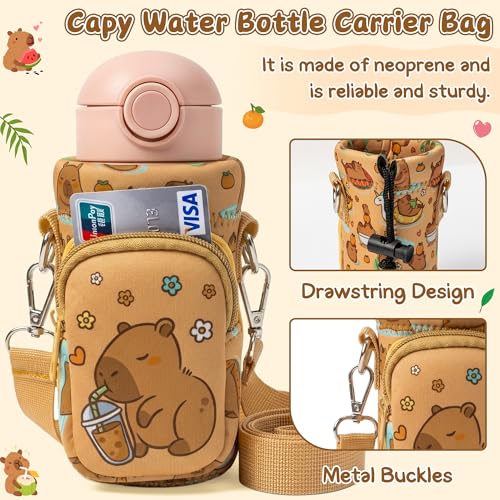 Water Bottle Carrier Bag with Strap for Kids - Water Bottle Bag Holder with Padded Strap Pocket 10/12/14/16/18Oz for Boys Girls School Walking Hiking Camping - style: Capy