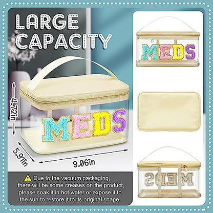 Geetery Chenille Letter Bag, Meds Cheer Travel Cases Cheerleader Gifts Cosmetic Bag Nylon Makeup Portable Preppy Patch with Zipper Toiletry Storage Case for Women(Beige,Stylish Meds) - color: Beige, style: Stylish Meds