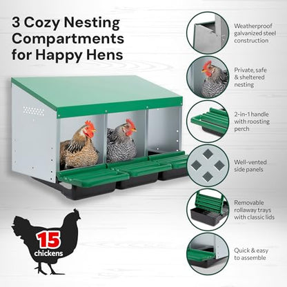 Homestead Essentials Classic Style 3 Compartment, Forward Rollout & Rollaway, Hen & Chicken Nesting Box with Integrated Perch and Protective Egg Laying Collection Lids - size: 3 Compartment